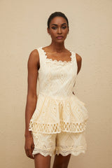 Top & Shorts Set - Square Neck - Embroidered Detailing - Cut - Out Design - Peplum Waist - High Rise