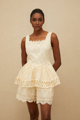 Top & Shorts Set - Square Neck - Embroidered Detailing - Cut - Out Design - Peplum Waist - High Rise