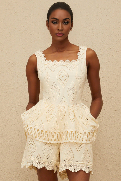 Top & Shorts Set - Square Neck - Embroidered Detailing - Cut - Out Design - Peplum Waist - High Rise