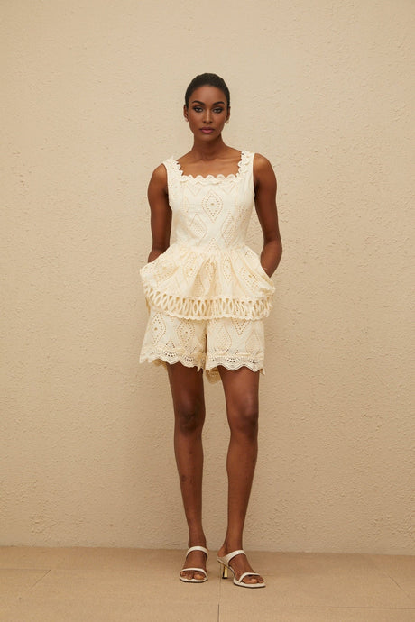 Top & Shorts Set - Square Neck - Embroidered Detailing - Cut - Out Design - Peplum Waist - High Rise