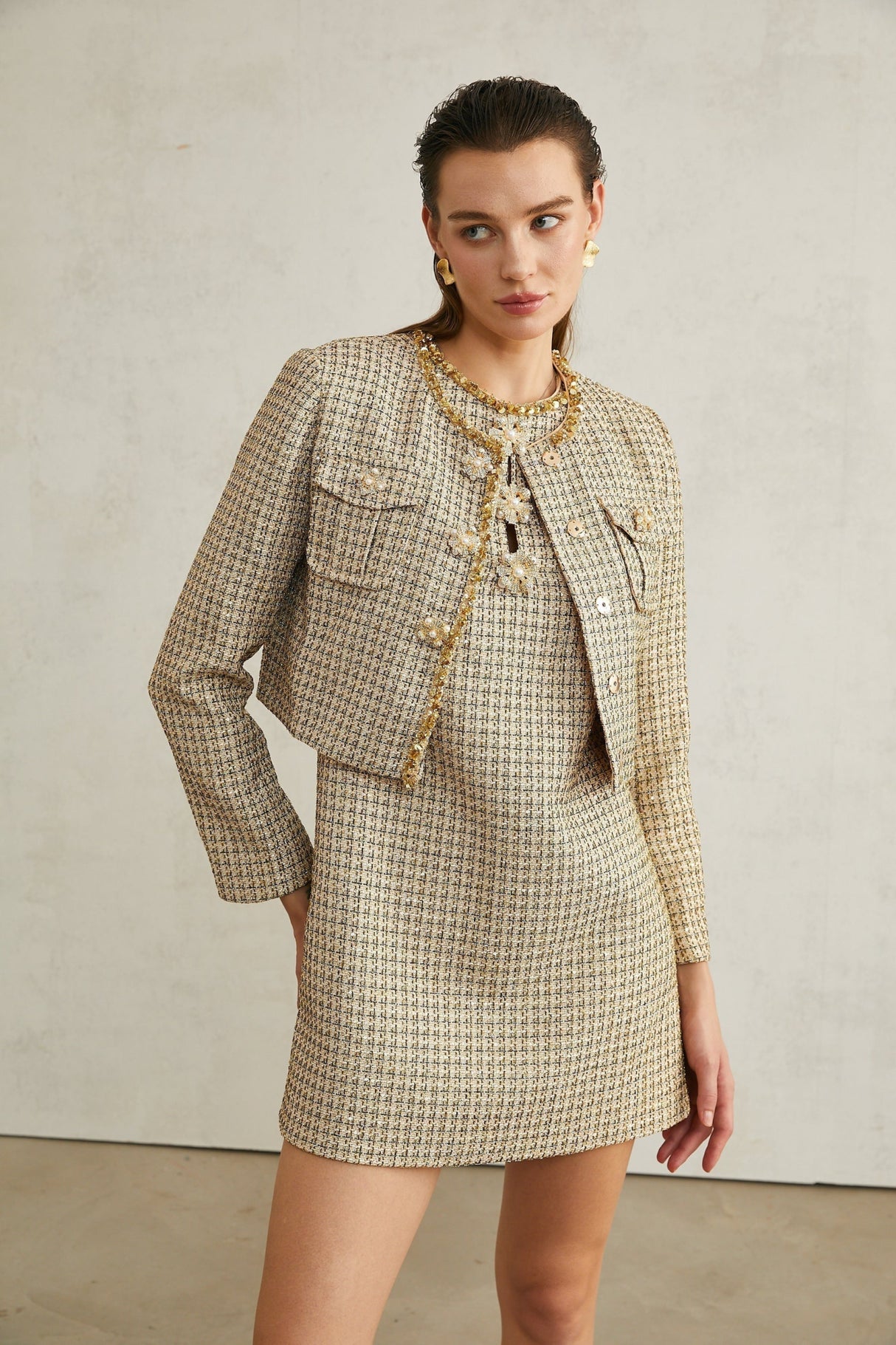 Trinity Jacket Trinity Sequin Tweed Goldtone Cropped