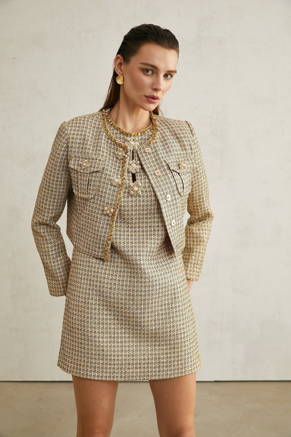 Trinity Jacket Trinity Sequin Tweed Goldtone Cropped