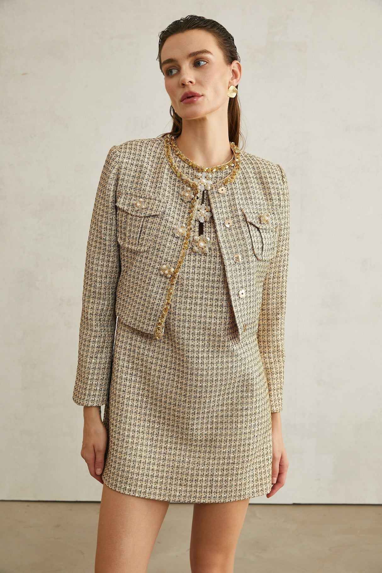 Trinity Jacket Trinity Sequin Tweed Goldtone Cropped