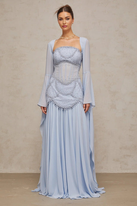 Trinity Maxi Dress Faux - Pearl Embellished Light - Blue