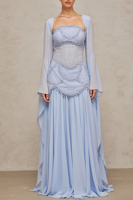 Trinity Maxi Dress Faux - Pearl Embellished Light - Blue