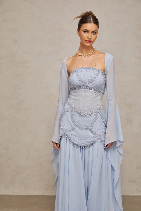 Trinity Maxi Dress Faux - Pearl Embellished Light - Blue
