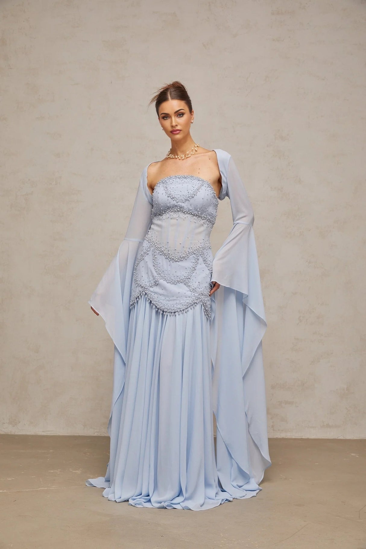Trinity Maxi Dress Faux - Pearl Embellished Light - Blue