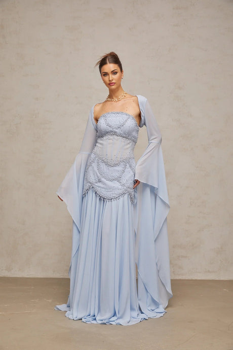 Trinity Maxi Dress Faux - Pearl Embellished Light - Blue