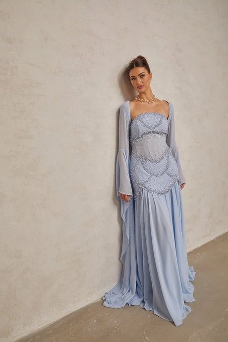 Trinity Maxi Dress Faux - Pearl Embellished Light - Blue