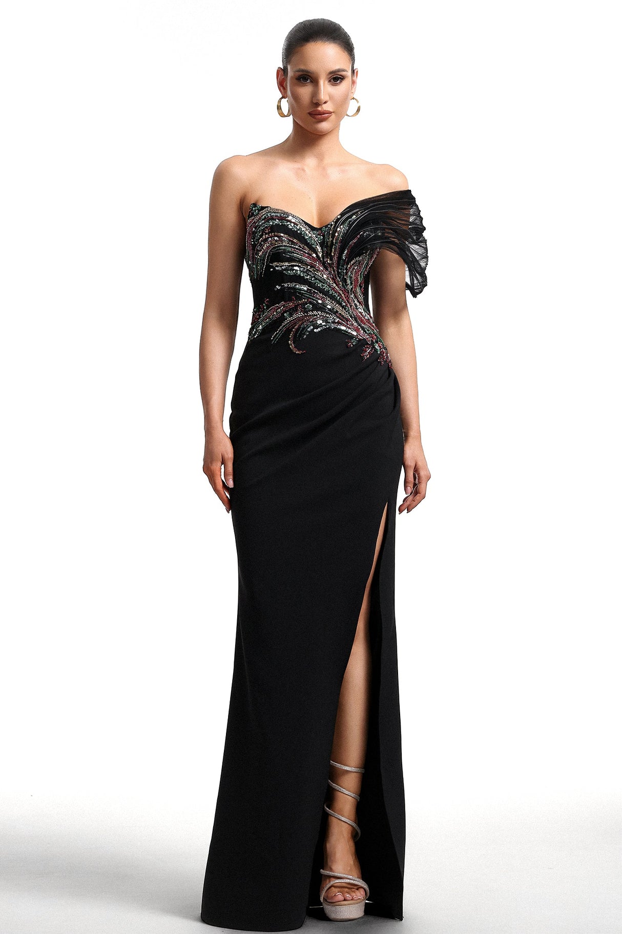 Tullia Black Sequin Embroidered Maxi Dress with Slit Detail