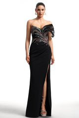 Tullia Black Sequin Embroidered Maxi Dress with Slit Detail