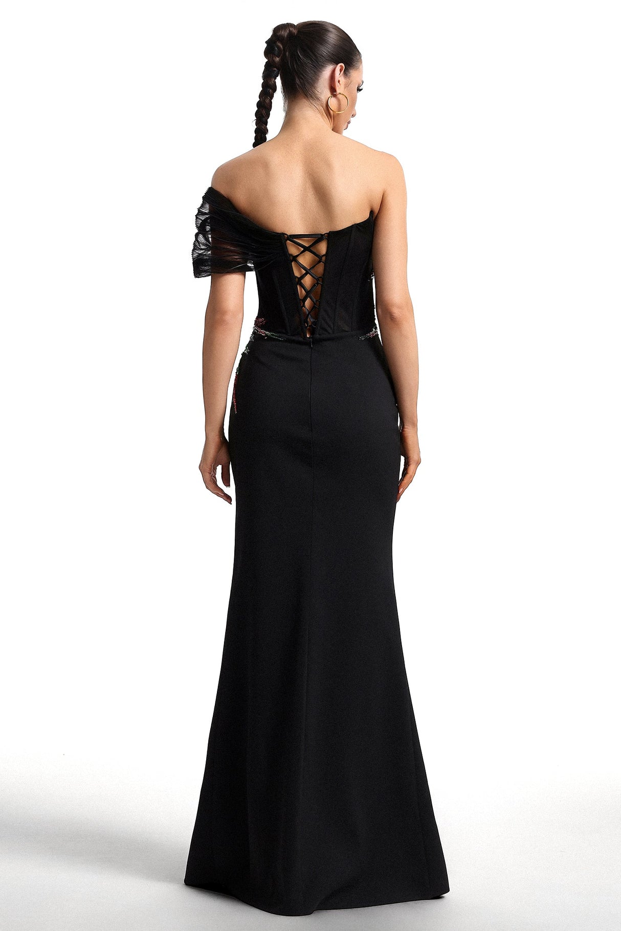 Tullia Black Sequin Embroidered Maxi Dress with Slit Detail