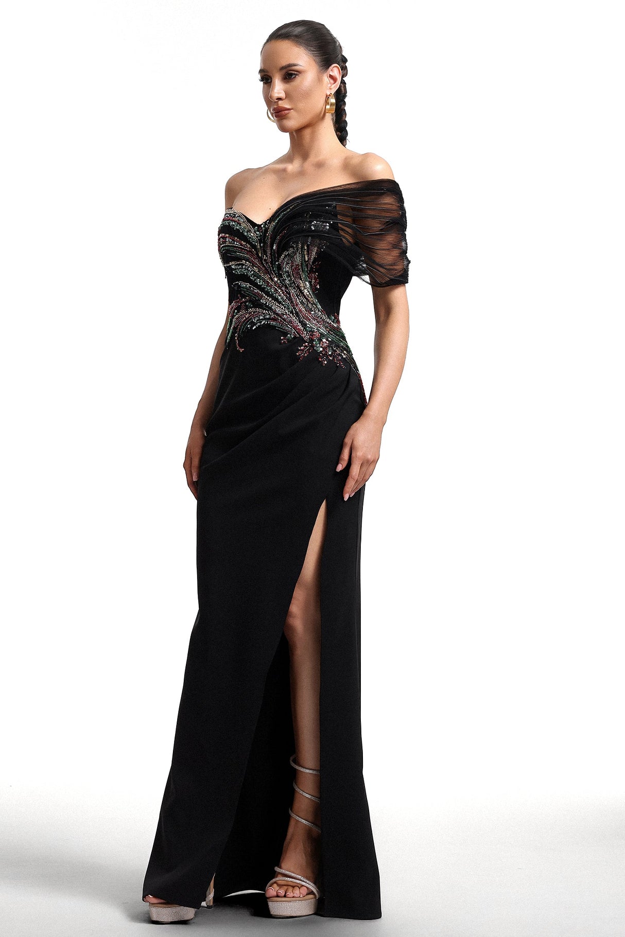 Tullia Black Sequin Embroidered Maxi Dress with Slit Detail