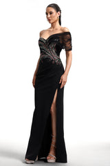 Tullia Black Sequin Embroidered Maxi Dress with Slit Detail
