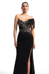 Tullia Black Sequin Embroidered Maxi Dress with Slit Detail