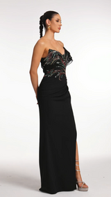 Tullia Black Sequin Embroidered Maxi Dress with Slit Detail