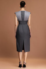 Tullia Gray V-neckline draped bodice midi dress with unique folds and stylish belt for formal occasions