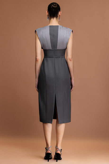 Tullia Gray V-neckline draped bodice midi dress with unique folds and stylish belt for formal occasions