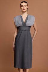 Tullia Gray V-neckline draped bodice midi dress with unique folds and stylish belt for formal occasions