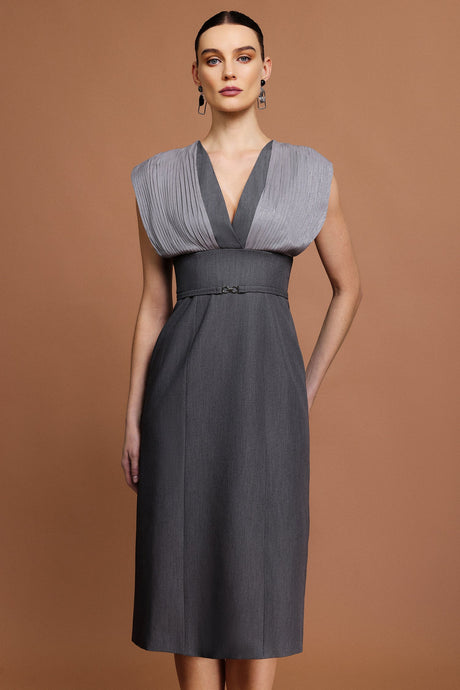 Tullia Gray V-neckline draped bodice midi dress with unique folds and stylish belt for formal occasions