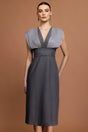 Tullia Gray V-neckline draped bodice midi dress with unique folds and stylish belt for formal occasions