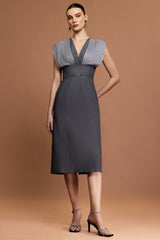 Tullia Gray V-neckline Midi Dress with Belt and Unique Folds