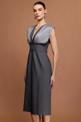 Tullia Gray V-neckline draped bodice midi dress with unique folds and stylish belt for formal occasions