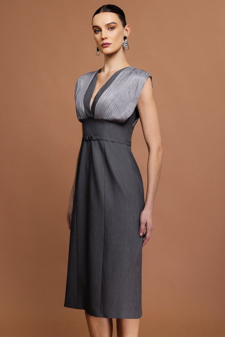 Tullia Gray V-neckline draped bodice midi dress with unique folds and stylish belt for formal occasions
