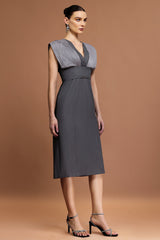 Tullia Gray V-Neckline Draped Midi Dress with Belt