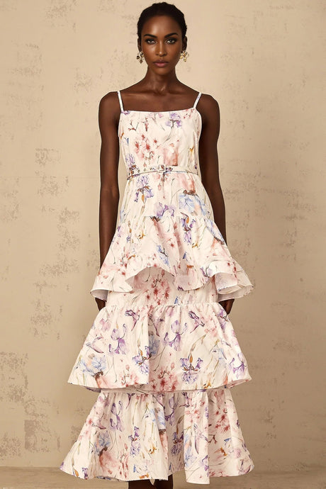 Tullia Maxi Dress White Floral Print Ruffled Tiered & Sleeveless