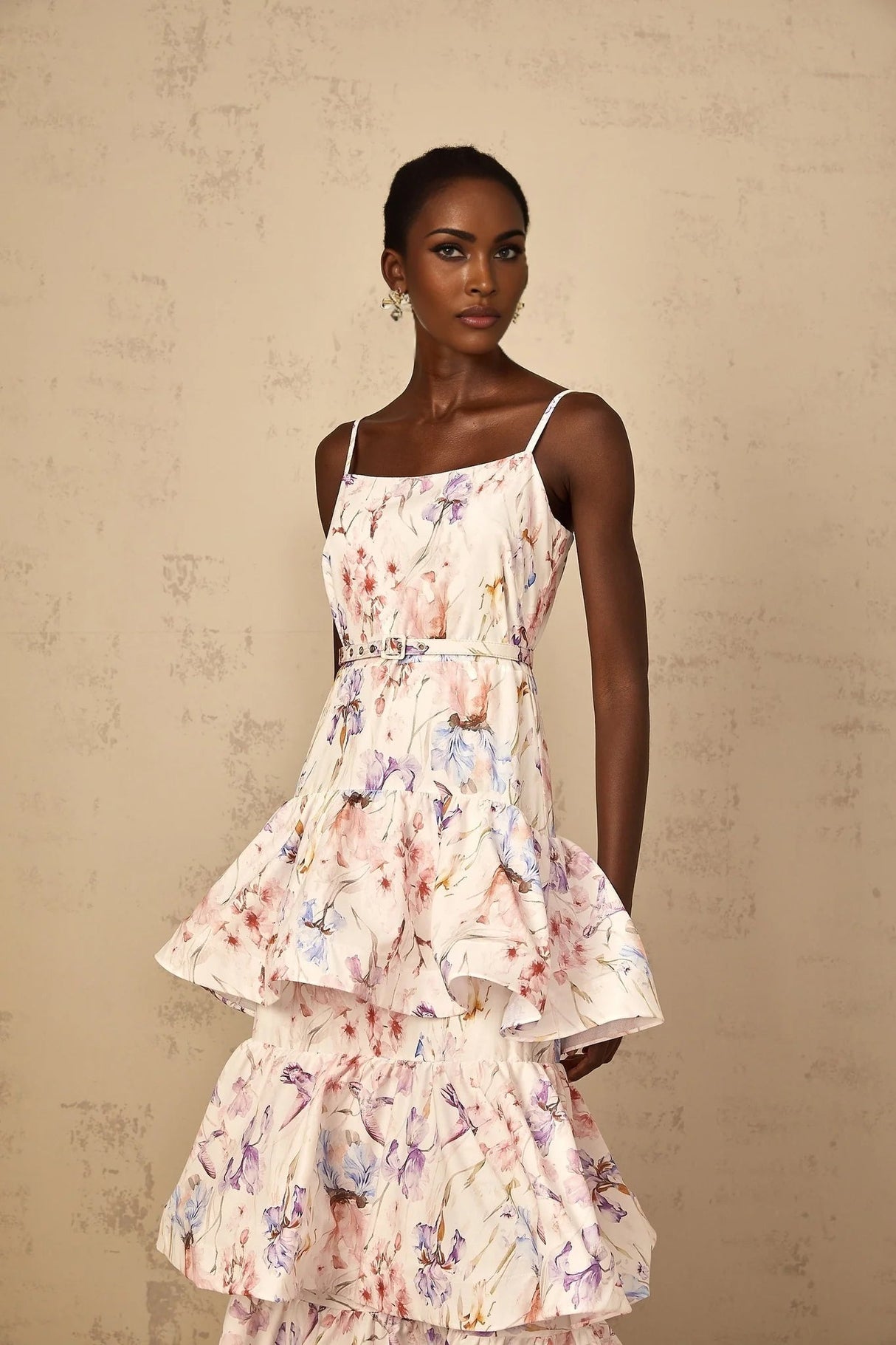 Tullia Maxi Dress White Floral Print Ruffled Tiered & Sleeveless