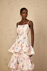 Tullia Maxi Dress White Floral Print Ruffled Tiered & Sleeveless