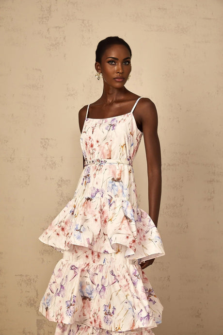 Tullia Maxi Dress White Floral Print Ruffled Tiered & Sleeveless