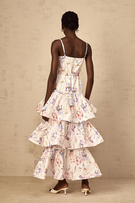 Tullia Maxi Dress White Floral Print Ruffled Tiered & Sleeveless