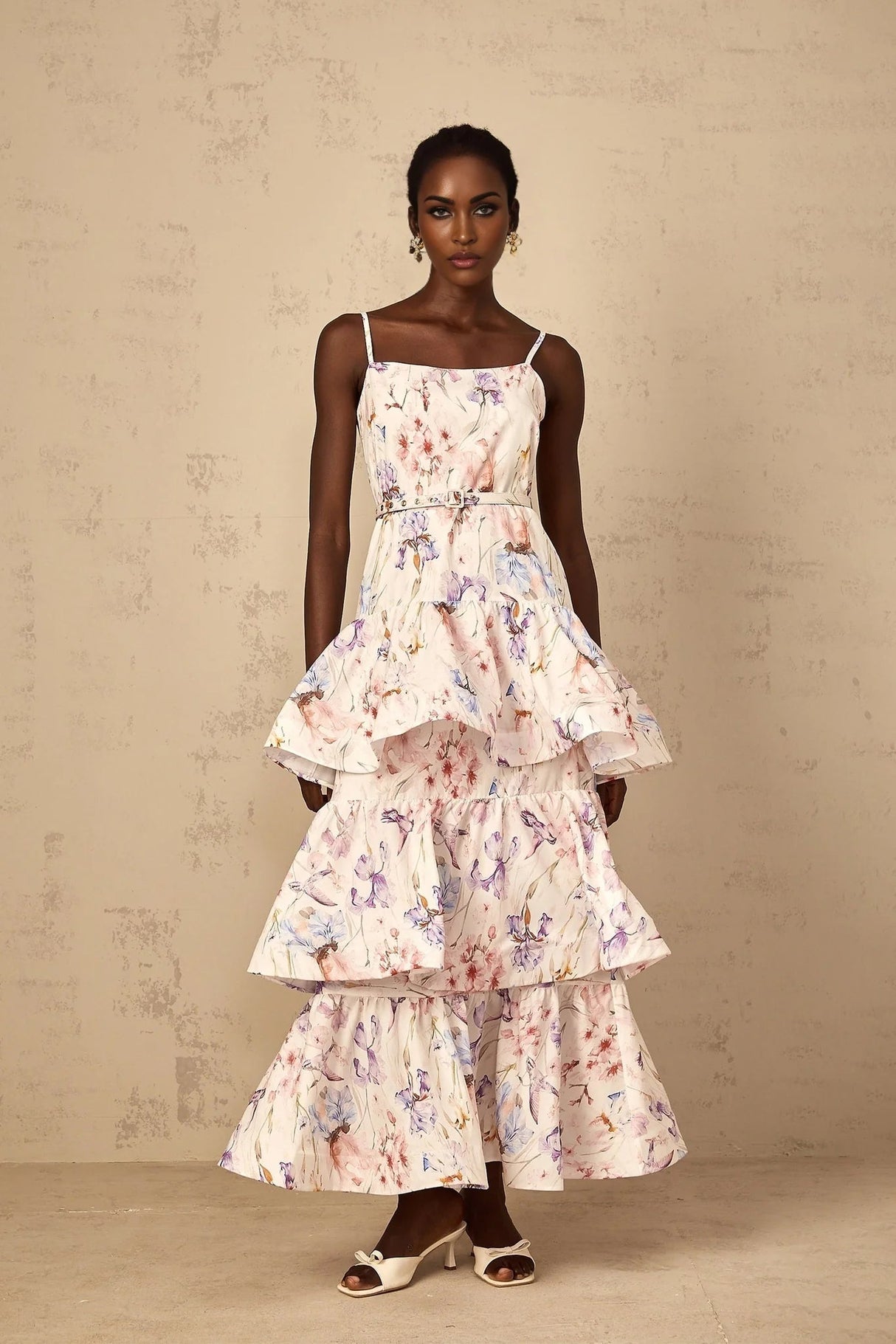 Tullia Maxi Dress White Floral Print Ruffled Tiered & Sleeveless