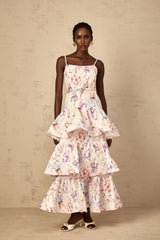 Tullia Maxi Dress White Floral Print Ruffled Tiered & Sleeveless