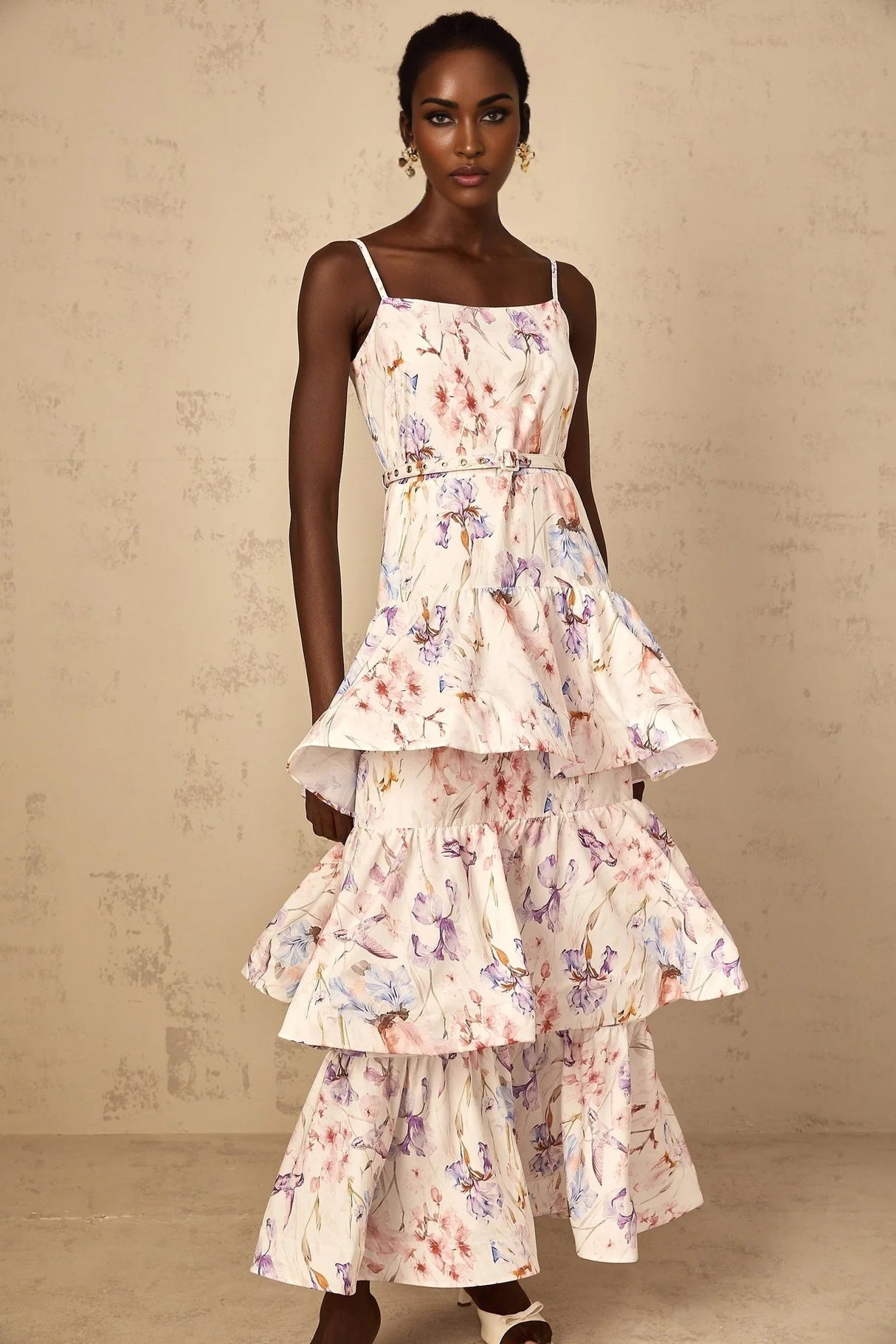 Tullia Maxi Dress White Floral Print Ruffled Tiered & Sleeveless