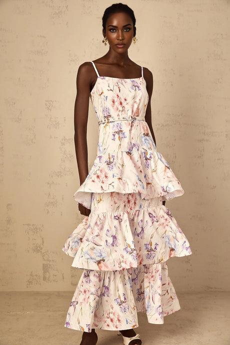 Tullia Maxi Dress White Floral Print Ruffled Tiered & Sleeveless