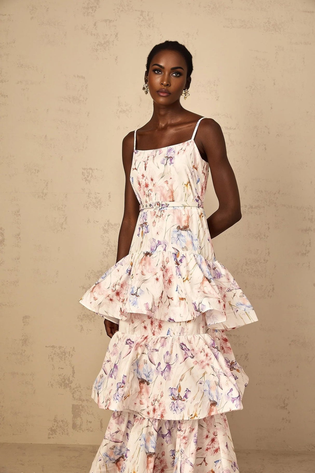Tullia Maxi Dress White Floral Print Ruffled Tiered & Sleeveless