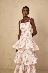 Tullia Maxi Dress White Floral Print Ruffled Tiered & Sleeveless