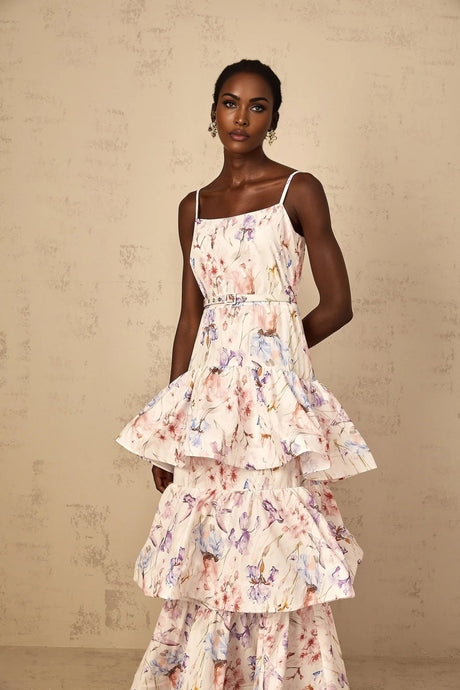 Tullia Maxi Dress White Floral Print Ruffled Tiered & Sleeveless