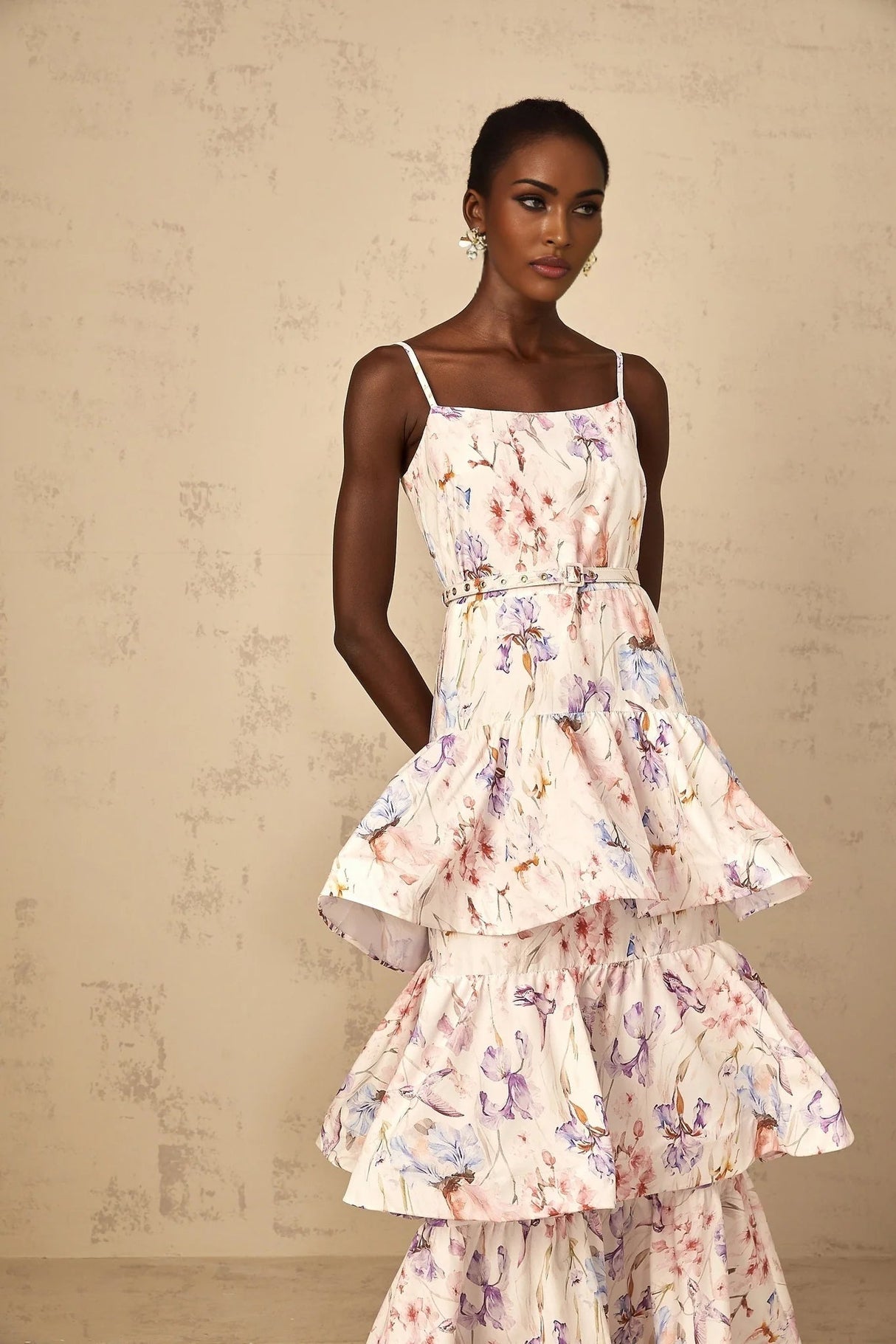 Tullia Maxi Dress White Floral Print Ruffled Tiered & Sleeveless