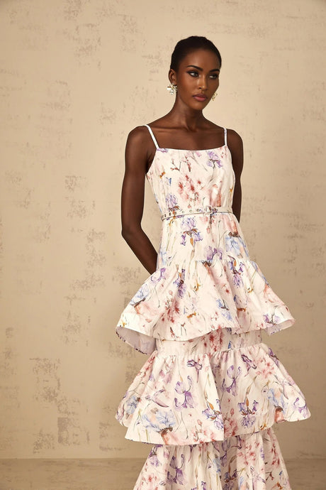 Tullia Maxi Dress White Floral Print Ruffled Tiered & Sleeveless