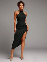 Twist Front Split Thigh Halter Neck Backless Bodycon Dress