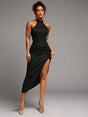 Twist Front Split Thigh Halter Neck Backless Bodycon Dress