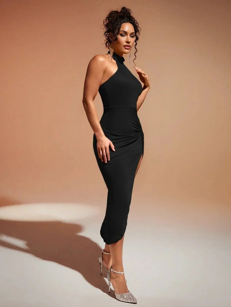 Twist Front Split Thigh Halter Neck Backless Bodycon Dress
