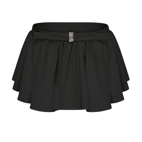 Two piece black outfit with asymmetric tulle blouse and matching skirt