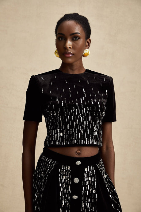 Two piece black velvet outfit with embellishments featuring a top and skirt matching set called Isabeau