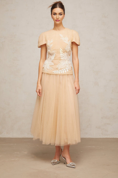 Two piece floral outfit with tulle top and matching skirt featuring applique flower details