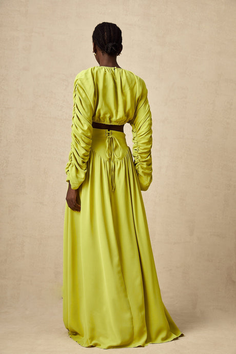 Two piece green outfit with smocked top and matching skirt for women called Emilie set